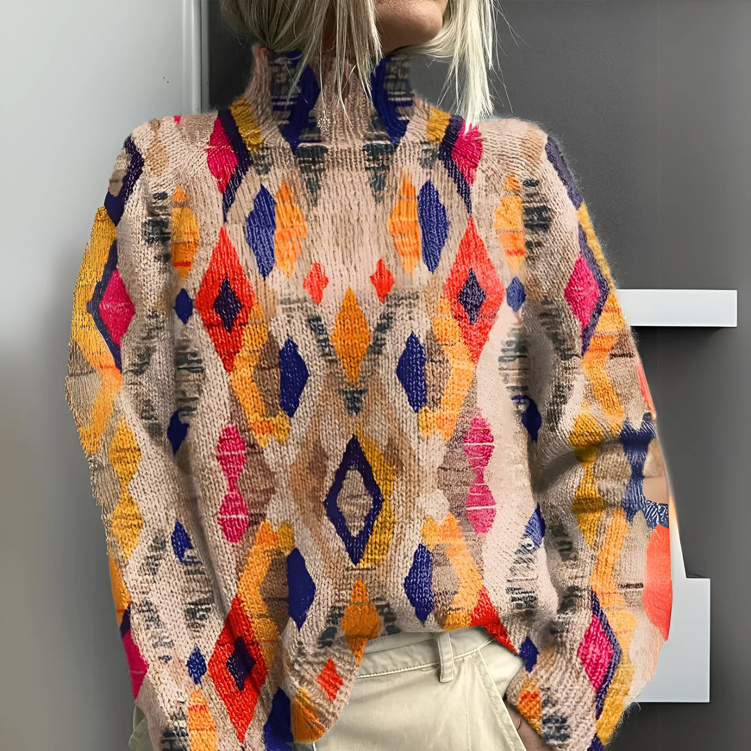 Fenna | Pull Col Roulé Tricoté à Motifs Géométriques