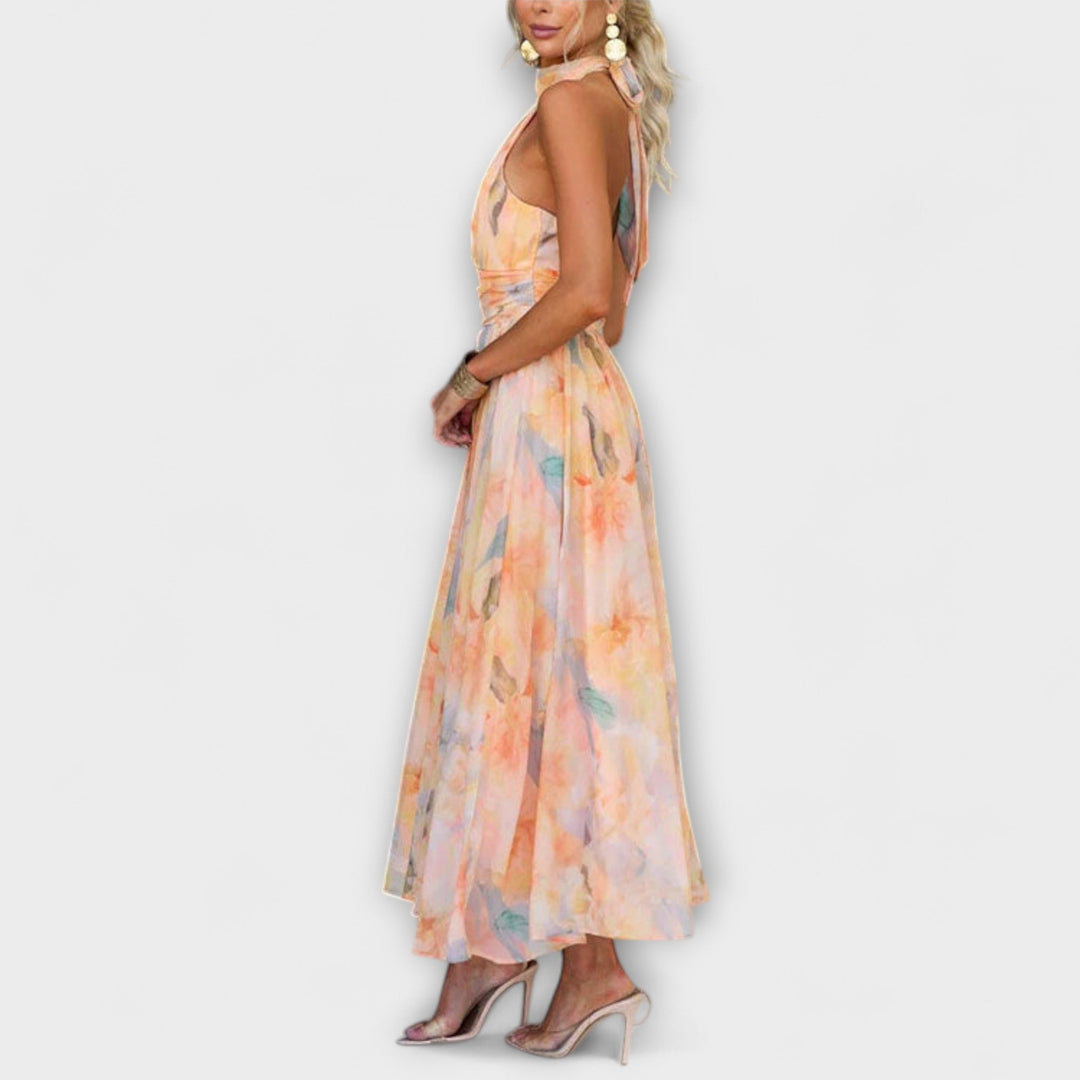 Hillary | Robe Longue Dos Nu À Imprimé Aquarelle